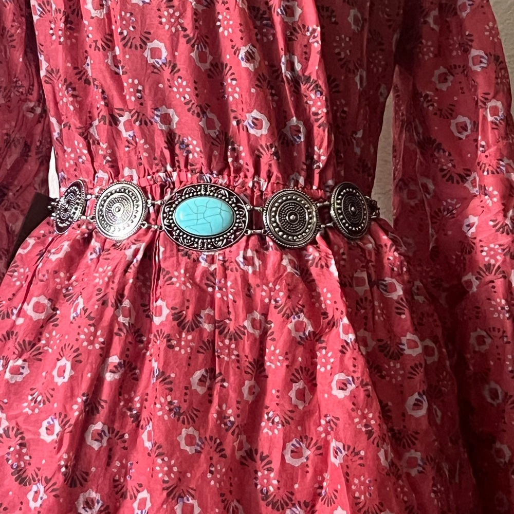 Silvertone‎ Chain Adjustable Belt W/ Central Turquoise Stone Stagecoach Rodeo - Picture 3 of 6